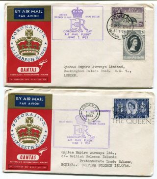Solomon Island / Uk Gb 1953 Qeii Coronation Qantas Airmail Covers - Matched Pair