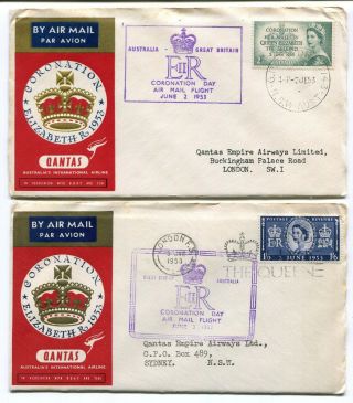 Australia / Uk Gb 1953 Qeii Coronation Qantas Airmail Covers - Matched Pair
