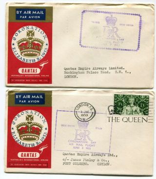 Ceylon / Uk Gb 1953 Qeii Coronation Qantas Airmail Covers - Matched Pair