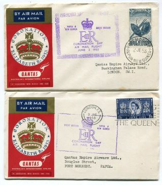 Papua Guinea / Uk Gb 1953 Qeii Coronation Qantas Airmail Covers Matched Pair
