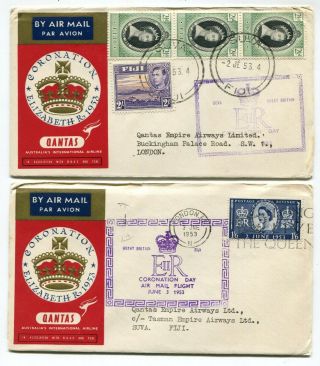 Fiji / Uk Gb 1953 Qeii Coronation Qantas Airmail Covers - Matched Pair