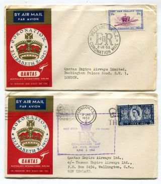 Zealand / Uk Gb 1953 Qeii Coronation Qantas Airmail Covers - Matched Pair
