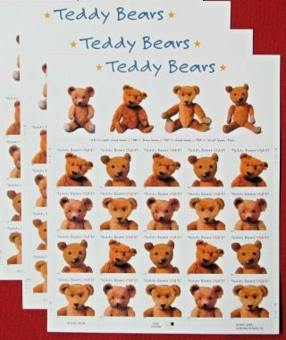 Three Centennial Sheets X 20 = 60 Teddy Bear 37¢ Us Postage Stamps.  Sc 3653 - 3656