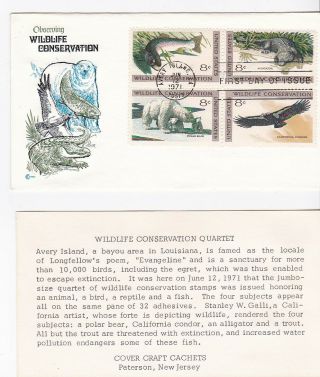 Wildlife Conservation 1427 - 30 Block Us First Day Cover 1971 Cover Craft Fdc