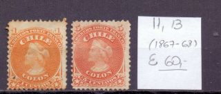 Chile 1867 - 1868.  Stamp.  Yt 11,  13.  €60.  00