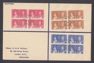 Montserrat Sc 89 - 91 Fdc.  1937 Coronation,  Set Of Blocks Of 4 On Registered Cover