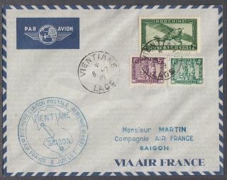 French Indochina Indochine First Flight Cover From Saigon To Vientiane 6 - 7 - 39