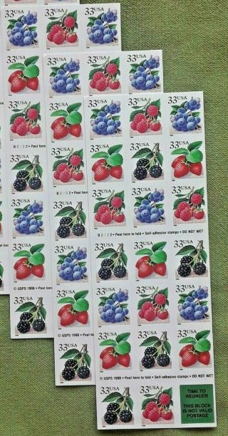 Three Booklets X 20 = 60 Fruit Berries 33¢ Us Postage Stamps Scott 3298 - 3301
