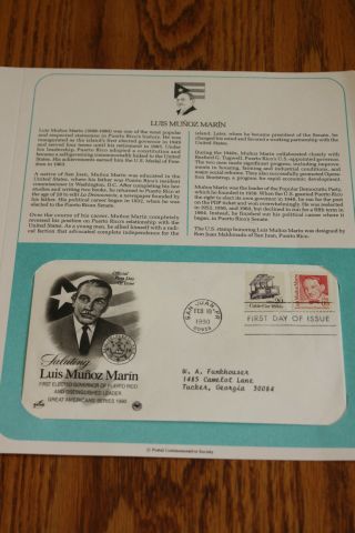 Saluting Luis Munoz Marin Fdc First Day Of Issue Cachet & Panel 2 Stamps 1990