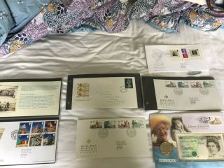 Lot 6 Fdc Inc High Definitives Castle 1988 Queen Mother £5 Coin Note Etc
