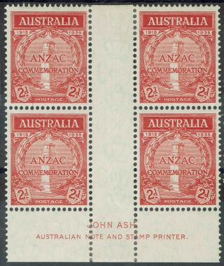 Australia 1935 Anzac 20th Anniversary 2d Gutter Imprint Block