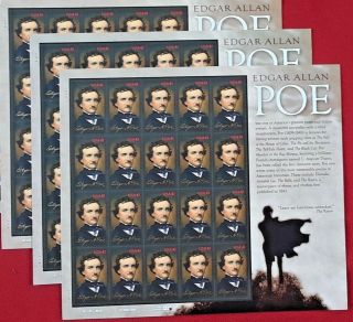 Three Sheets X 20 = 60 Of Edgar Allen Poe 42¢ Us Ps Postage Stamps.  Scott 4377