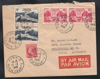 France 1949 Air Mail Cover Paris To Usa Sc 605,  606 Pairs