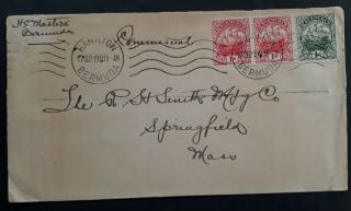 Rare 1919 Bermuda Cover Ties 3 Colonial Seal Stamps Canc Hamilton To Usa