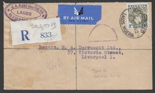 Nigeria Kgvi 1sh On 1942 Registered Airmail Cover To Uk With Dumb Censor Type Ii