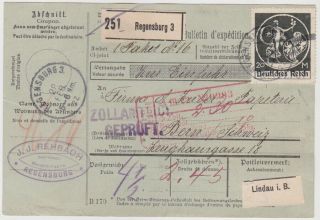 Germany Dr 1922 (28.  2. ) Cpl.  Parcel Card Regensburg To Switzerland Incl.  2 X Mi 138