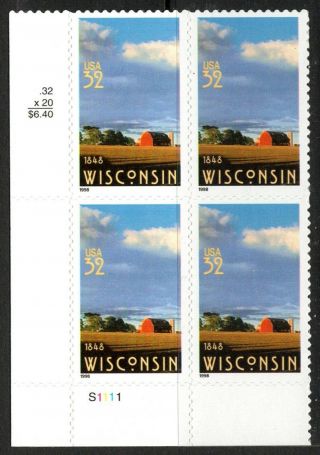 Usa Sc.  3206 32c Wisconsin Statehood 1998 Mnh Plate Block