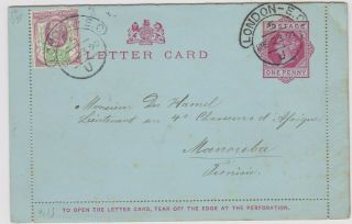 London Letter Card Uprated With 2 X Ec Hooded Circles 1892 To Manouba Tunisia