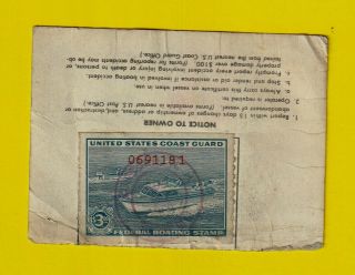 $3 U.  S.  Coast Guard Federal Boating Stamp Sc Rvb2 On 1960 Temporary Certificate