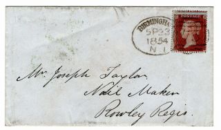 Gb 1854 Qv 1d Red Star Envelope Birmingham Spoon Cancel,  Dudley Backstamp
