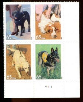 Us Plate Block Mnh 4604 - 4607 65c Dogs At Work,  Pb4604