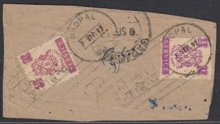 Bhopal I.  F.  S.  1945 Official 1a,  1&1/2a Usd On Large Piece With 1947 Jai Hind Canc.