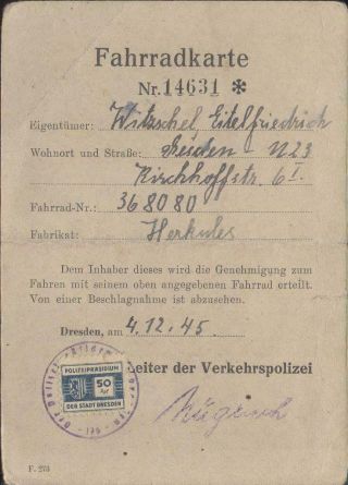 Germany Soviet Zone Gdr Ddr Document Police Revenue Dresden 1945 Fahrradkarte