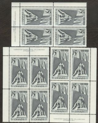 Stamps Canada 486,  15¢,  1972,  3 Plate Blocks Of 4 Mnh Stamps.