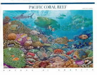Scott 3831.  37 Cent.  Pacific Coral Reef.  Pane Of 10 Stamps