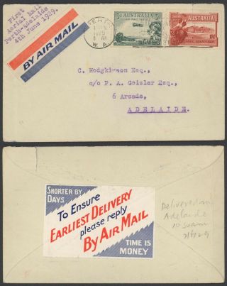 Australia 1929 - Air Mail Cover Perth To Adelaide 28295/2