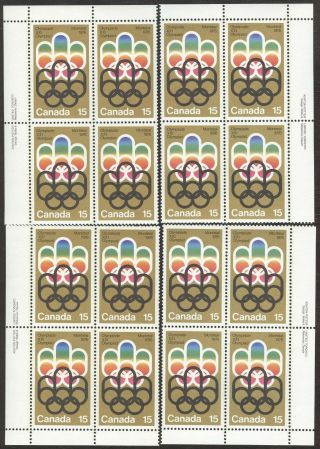 Stamps Canada 624,  15¢,  1973,  4 Plate Blocks Of 4 Mnh Stamps.