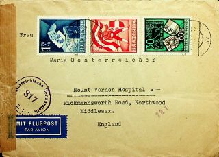 Austria 1951 3 Vals On Airmail Censored Cvr To Mt.  Vernon Hospital England