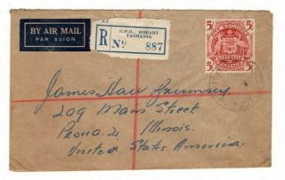 1949 Tasmania Australia - Peoria 2 Il U.  S.  A.  Registered Air Mail Cover