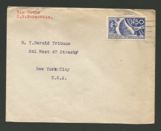 France 1937 Cover To York Via S/s Normandie From Le Havre