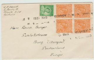 Australia 1937 Cover To Switzerland Gv 1/2d Block Of 4 In Postage