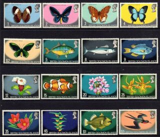 1972 - 73 Solomon Islands Butterflies Fish Flowers Bird Sg219 - 233a Unhinged