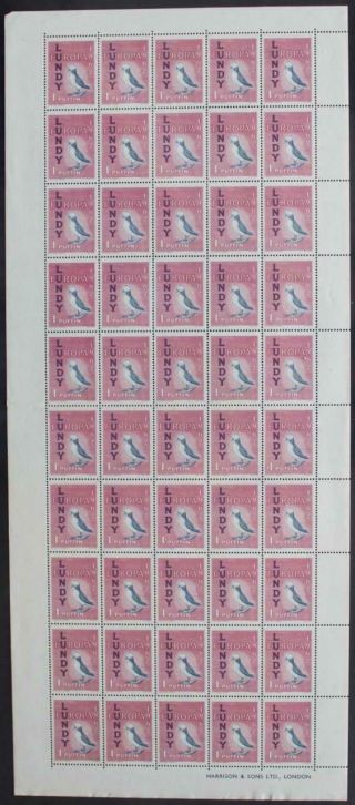 Gb/lundy: 1962 Full 10 X 5 Sheet Europa 1 Puffin Examples - Full Margins (25787)
