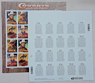 Three Sheets x 20 COWBOYS Of The SILVER SCREEN 44¢ US PS Stamps.  Scott 4446 - 4449 3