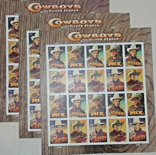 Three Sheets x 20 COWBOYS Of The SILVER SCREEN 44¢ US PS Stamps.  Scott 4446 - 4449 5
