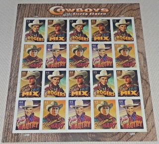Three Sheets x 20 COWBOYS Of The SILVER SCREEN 44¢ US PS Stamps.  Scott 4446 - 4449 6