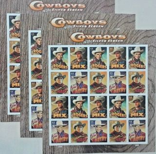 Three Sheets x 20 COWBOYS Of The SILVER SCREEN 44¢ US PS Stamps.  Scott 4446 - 4449 7