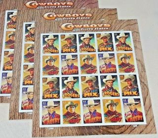 Three Sheets x 20 COWBOYS Of The SILVER SCREEN 44¢ US PS Stamps.  Scott 4446 - 4449 8