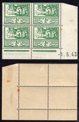Jersey Mnh 1943 1/2d Green 1st Printing (1/5/43) Block Of Four