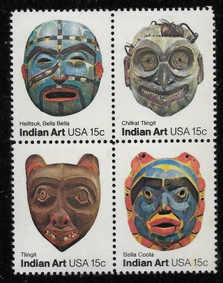 Scott 1834 - 37 Us Stamp 1980 15c Pacific Northwest Indian Masks Mnh Block Of 4