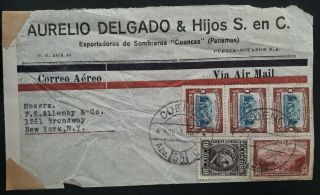 Rare 1942 Ecuador Censor Cover Ties 5 Stamps Canc Cuenca To York