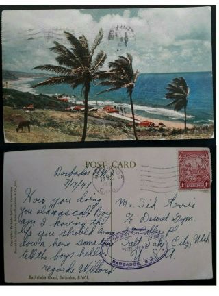 Scarce 1941 Barbados Postcard " Bathsheba Coast " Ties 1d Stamp To Usa