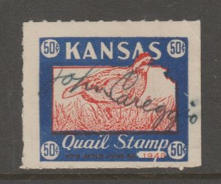 Usa State Kansas Quail Hunting Cinderella Revenue Fiscal Stamp 5 - 26 - 119