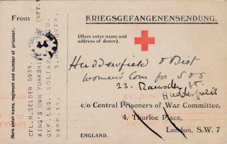 Gb 1917 Prisoner Of War Card Uk To Soltau Camp Hannover Germany Via Red Cross