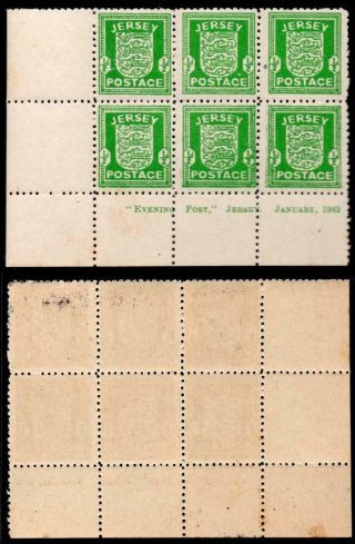Jersey Mnh 1941 1/2d Green Block Of 6 On Grey Paper