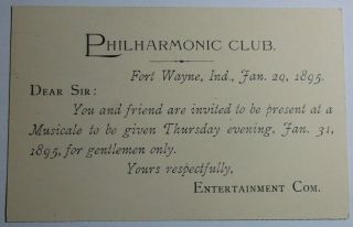 Jan 29 1895 Postal Card For The Philharmonic Club Fort Wayne Indiana